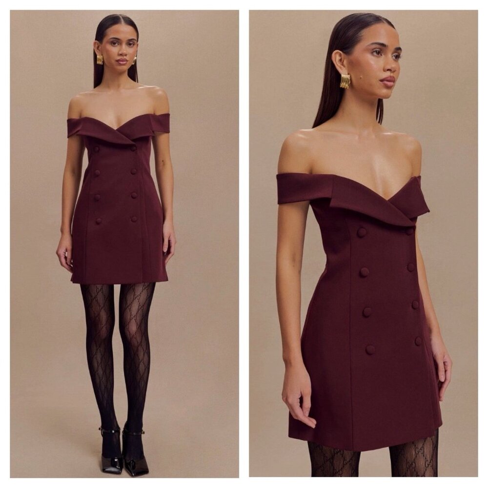 NEW‎ Meshki Noelle Off Shoulder Suiting Mini Dress Mahogany Size M / 10 Oxblood